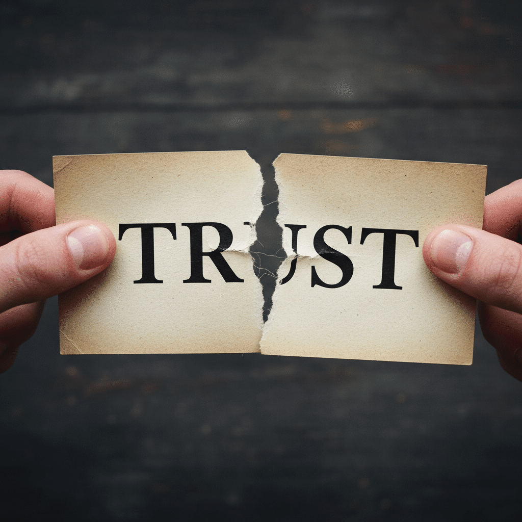 Hands tearing a paper with the word trust — symbolizing broken trust in marriage and infidelity