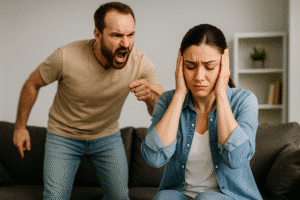 Man yelling at wife while she covers her ears in stress during argument